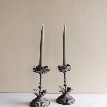 pair of midcentury French tole floral candlesticks