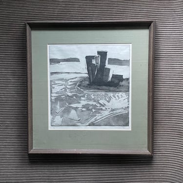 New York City Scene Abstract Stone Lithograph on Paper Vintage Mid-Century Manhattan Penisula Sail Boat 