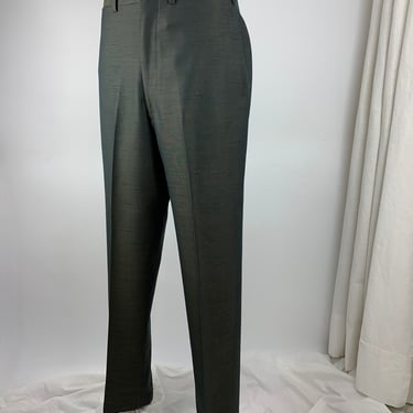 1960'S Sharkskin Slacks - Iridescent Green Fabric - Flat Front with Slash Side Pockets - 2 Rear Pockets - Men's 34 Inch Waist 