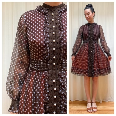 60s chocolate polka dot ruffle dress 
