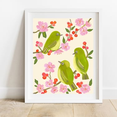 Birds With Cherry Blossoms 8 X 10 Art Print/ Animal Illustration/ Japanese White Eyes With Botanicals Wall Decor/ Chinoiserie Style Decor 