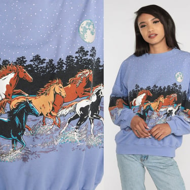 Wild Horse Sweatshirt 90s Lavender Animal Shirt Full Moon Stars Nature Animal Horses Graphic Hipster Celestial Pullover Vintage 1990s Large 