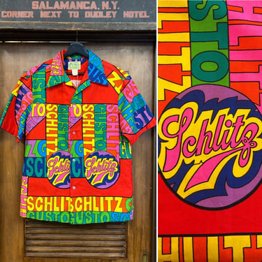 Vintage 1960’s Schlitz Gusto Pop Art Tiki Cotton Hawaiian Shirt, 60’s Beer, 60’s Pop Art, Vintage Hawaiian Shirt, Vintage Clothing 
