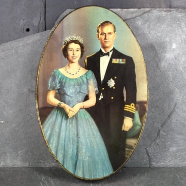 1953 Queen Elizabeth Coronation Commemorative Tin | Vintage Royal Souvenir | Queen Elizabeth and Prince Phillip Oval Tin | Bixley Shop 