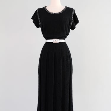 Vintage 1940's Black &amp; Silver Boucle Knit Dress / M