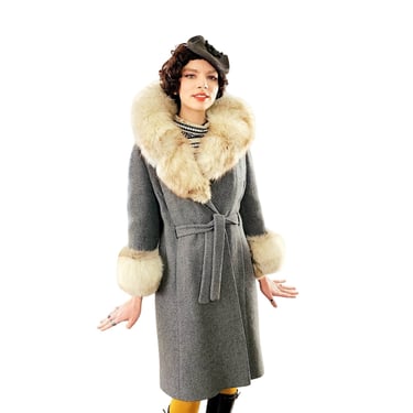 60s Gray Coat Cream Fox Fur Collar & Cuffs by Gino Rossi 