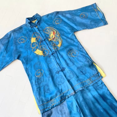 Vintage Blue Rayon Dragon Pajamas 
