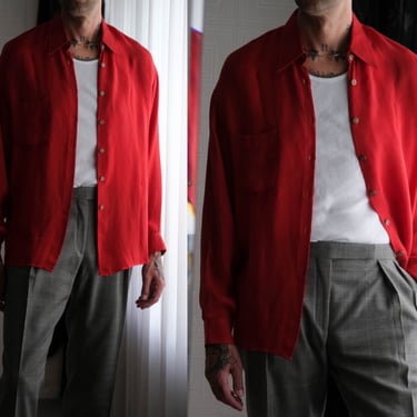 Vintage 80s Bellows Brut Le Garage Red Textured Stripe Rayon Shirt w/ Silver Frame Buttons | Made in France | 1980s French Designer Shirt 