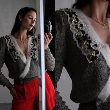 Vintage 70s 80s Colleen Toland Angora Knit Cardigan Sweater | Pearl, Beaded, Floral Lace | 1970s 1980s Designer Hand Knitted Boho Sweater 