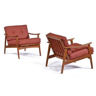 Pair of Restored Mid-Century Modern Wood Frame Lounge Chairs in New Leather 