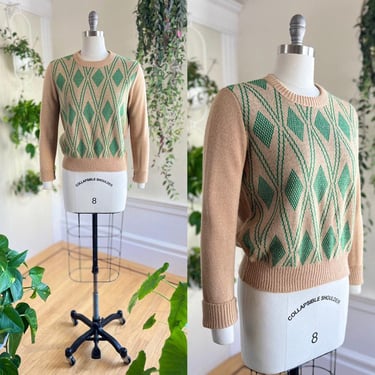 Vintage 1970s Sweater | 70s Argyle Diamond Knit Acrylic Retro Preppy Tan Green Pullover Sweater Top | medium/large 