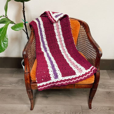 Vintage Small Handmade Pink, Purple & White Blanket 48" x 36" | Knit, Crochet, Afghan, 1970s, Retro, Comfy, Throw 