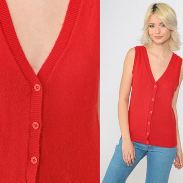 70s Red Knit Vest Top Sleeveless Sweater Vest V Neck Tank Button Up 1970s Retro Vintage Acrylic Small 