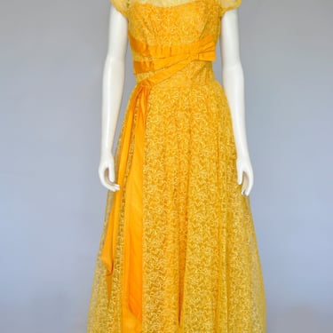 1950s yellow gold lace party dress S/M 