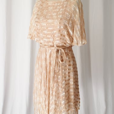 Vintage Blush Silk Dress | M | 1980s Peach Silk Dress with Flutter Sleeves and Asymmetrical Layered Skirt 