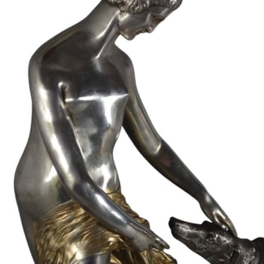 Charles Breton Large Bronze Sculpture of Woman with Borzoi