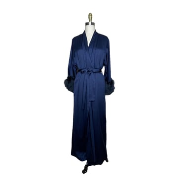 Vintage Saks Fifth Avenue Navy Blue Peignoir Feather Robe, Size Small 