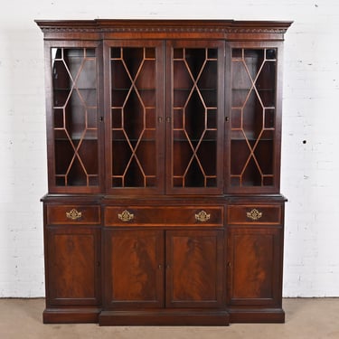 Georgian Carved Mahogany Lighted Breakfront Bookcase Cabinet by Hickory Furniture