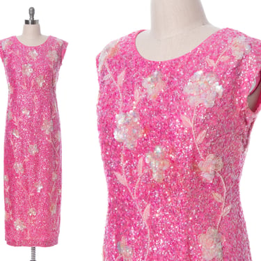 Vintage 1960s Party Dress | 60s Sequin Beaded Chiffon Pink Floral Hourglass Sheath Wiggle Formal Sparkly Gown (large/x-large) 