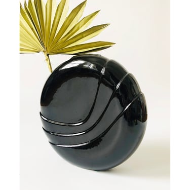 Vintage 80s Modern Embossed Black Circular Vase 