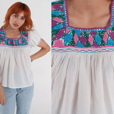 Embroidered Floral Blouse 90s White Mexican Top Peasant Hippie Puff Sleeve Boho Tent Shirt Pink Purple Blue Vintage 1990s Cotton Small 