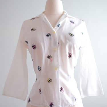 Cutest 1950's White Cotton Embroidered Butterfly Blouse / Sz S