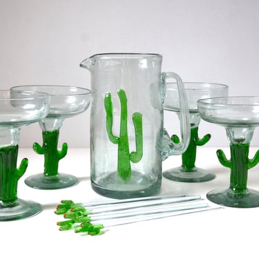 Vintage Margarita Cocktail Pitcher Set with Cactus Glasses, Hand Blown, Made in Mexico 