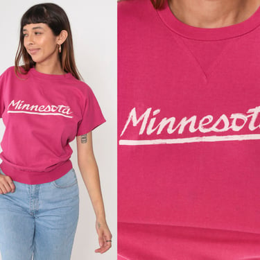 Vintage Minnesota Shirt 80s Bright Pink T Shirt Slouchy Graphic Print 1980s Collegiate Pacific Short Sleeve Destination Crewneck Small 