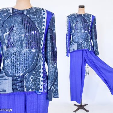 1980s Blue Silk Sequin Pant Set | 80s Purple Silk Evening Pantsuit | ICINOO | Medium 