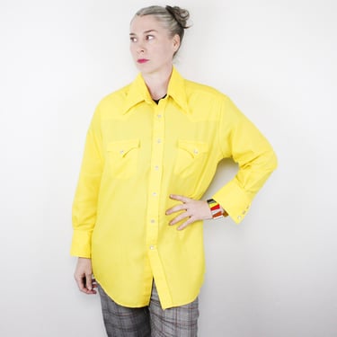 Vintage 60's / 70's Super Bright Yellow snap button Western Shirt, Champion Westerns brand - Large 