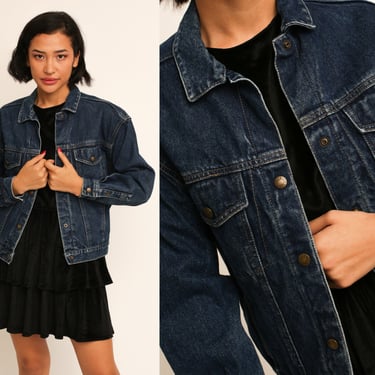 Vintage 1980s 80s Calvin Klein Dark Denim Jacket w/ Leather Patch Logo and Logo Insignia 