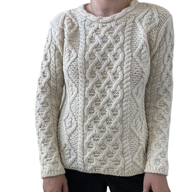 Irelandseye Womens White Irish 100% Wool Chunky Cable Fisherman Sweater Sz M 