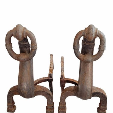 Large 19th Century Continental European Arts & Crafts Forged Iron Hanging Ring Fireplace Andirons - Antique Firedog Pair, Signed Royal 