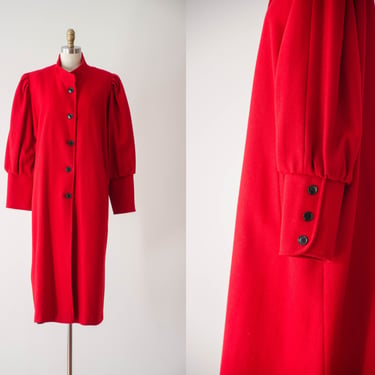 red wool coat | 80s 90s vintage Lady Suzette bright red black lantern sleeve oversized heavy warm long wool coat 