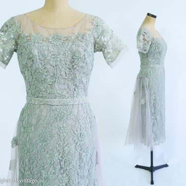 1950s Dove Gray Lace Cocktail Dress | 50s Blue Gray Lace Formal | Mother of the Bride | Peggy Hunt | Small 