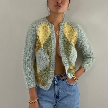 50s handknit mohair sweater / vintage baby blue yellow argyle intarsia handknit Italian mohair raglan cardigan sweater | S 