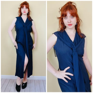 1990s Vintage The Limited Silk and Linen Button Dress / 90s Navy Blue Nautical Sailor Collar Midi Dress / Size 10 / Large 