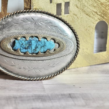 Old Pawn Sterling Silver and Gold with Turquoise Semi Precious Stone Center Belt Buckle Signed CA Gift for Him Native American Hand Made 