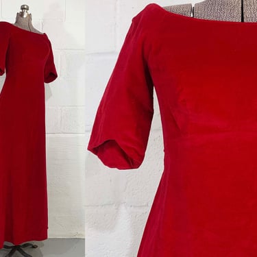 Vintage Red Velvet Dress 3/4 Sleeves Maxi Party Evening Prom Wedding New Year's Hostess Gown Bridesmaid Priscilla Of Boston 1960s Small XS 