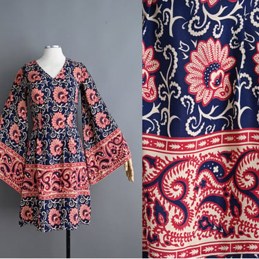 vintage 1970s Dress | Vintage Angel Wing Floral Print Dress | XS 