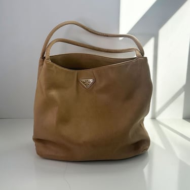 Vintage PRADA Nude Leather Tessuto Double Pocket Shopper Tote 90s Y2K Monogram Logo Shoulder Bag Minimal 