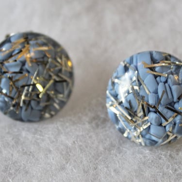 Vintage 50's 60s Fun Blue Silver Confetti Lucite button Earrings Clip On pin up 