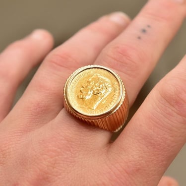 Vintage Solid 14K Gold Coin Ring W/ 1900 Russian Czar Nicholas II 5 Rouble, .900 Gold Rouble Coin, Line Engraved Setting, Size 8 1/2 US 