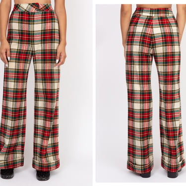 Vintage 1970s 70s Classic Red Tartan High Waisted Wool Flared Wide Leg Pants Trousers 