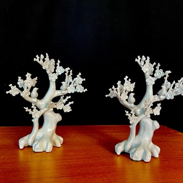 Vintage 1960s Pair of Ceramic Cherry Blossom Statues 