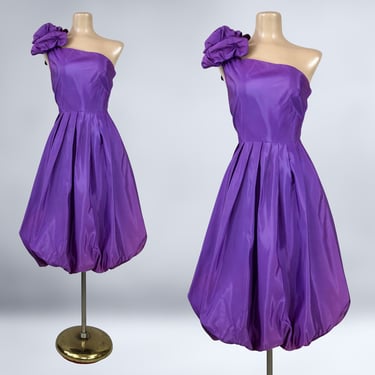VINTAGE 60s Purple Taffeta One Shoulder Bubble Hem Party Dress | 1960s MCM Cocktail Prom Dress As-is | VFG 