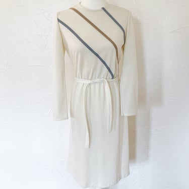 70s/80s Cream Blue and Tan Striped Belted Dress | Small 