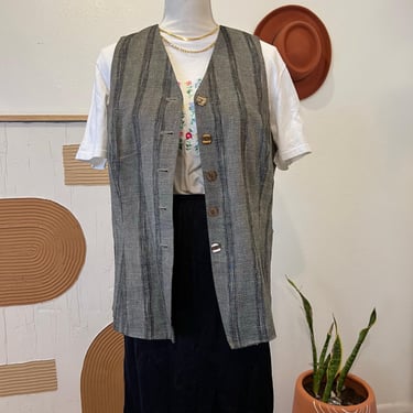 Vintage 90s Gray Metallic Linen Cotton Blend Striped Button Front USA Made Vest 