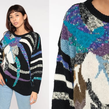 80s Statement Sweater Black Striped Abstract Multicolor Leaf Print 1980s Knit Jumper Pullover Psychedelic Sweater Vintage Knitwear Large L 