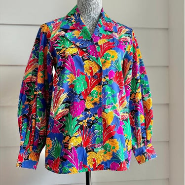 Vintage Saint Laurent Blouse Rive Gauche Cotton Tropical Motif Matisse Style Print Blouse 80s Designer Blouse 